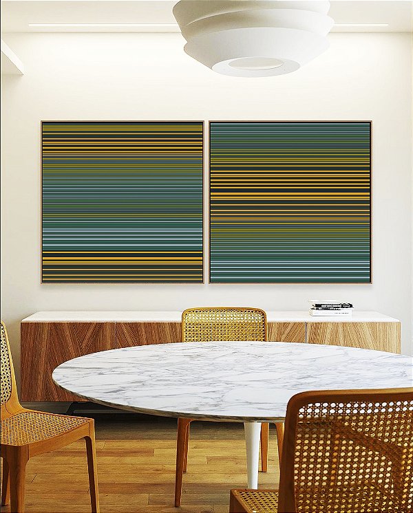 Duo de Quadros Quadrados Abstrato Degradê Listras Verde Amarelo Ouro Canvas Moldura