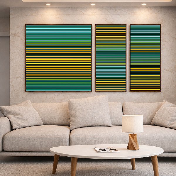 Trio de Quadros Estilizados Abstrato Degradê Listras Verde Amarelo Ouro Canvas Moldura
