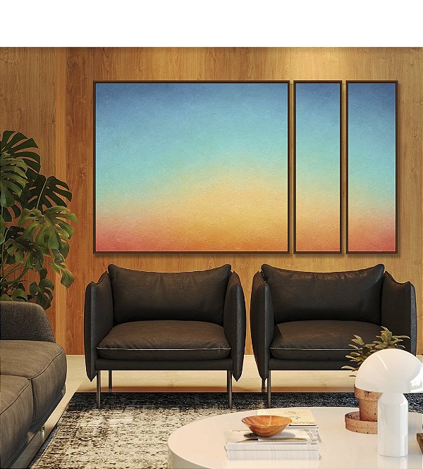 Trio de Quadros Estilizados Abstrato Degradê Textura Azul Turquesa Coral Canvas Moldura