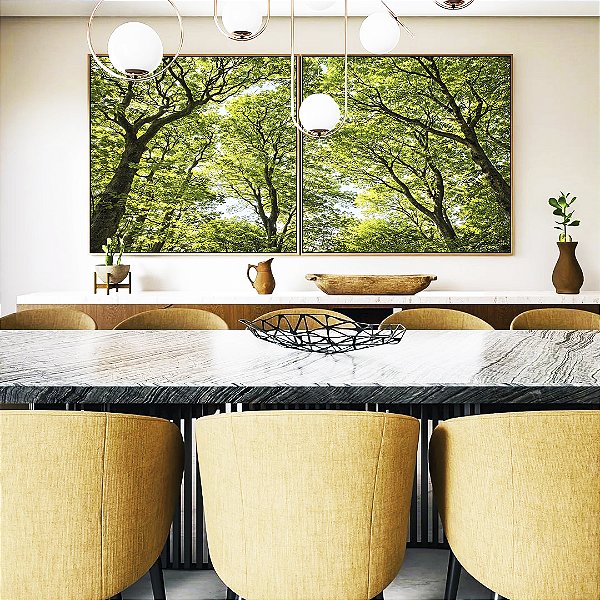 Duo de Quadros Quadrados Copa de Árvores Verde Vibrante Céu Claro Natureza Canvas Moldura