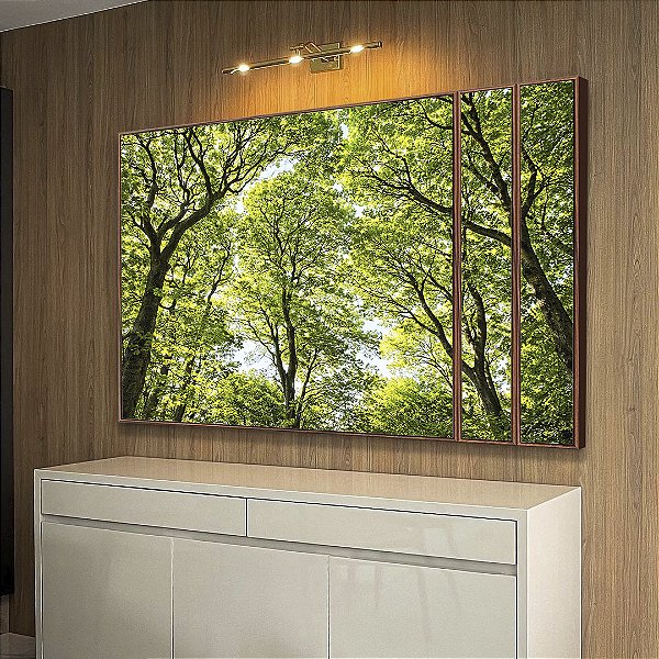 Trio de Quadros Estilizados Copa de Árvores Verde Vibrante Céu Claro Natureza Canvas Moldura