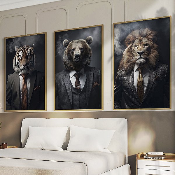 kit 3 quadros animais de terno
