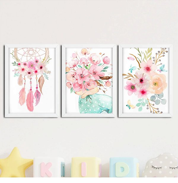 kit 3 quadros  jardim encantado