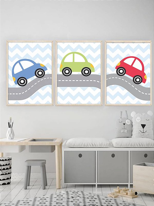 kit 3 quadros carrinhos