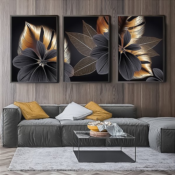 kit 3 quadros elegance floral dark