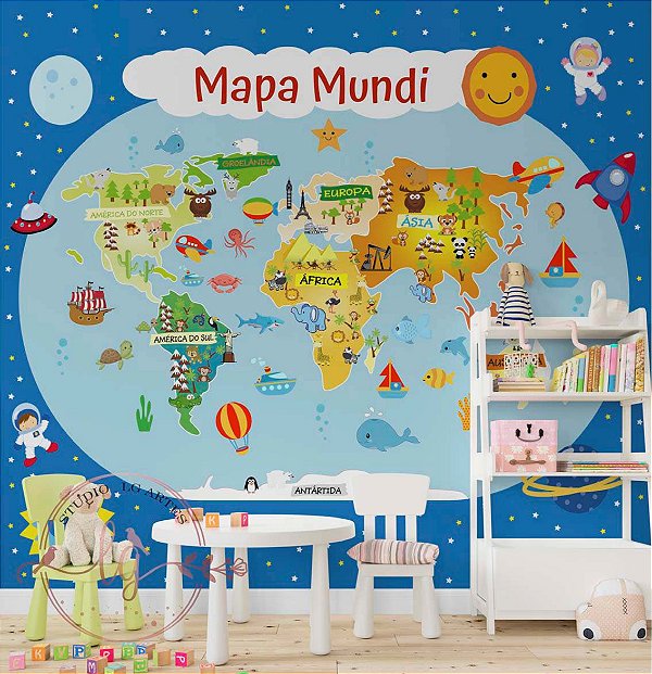 Papel de Parede Infantil Mapa Mundi Colorido | Geografia Divertida no Quarto Menino