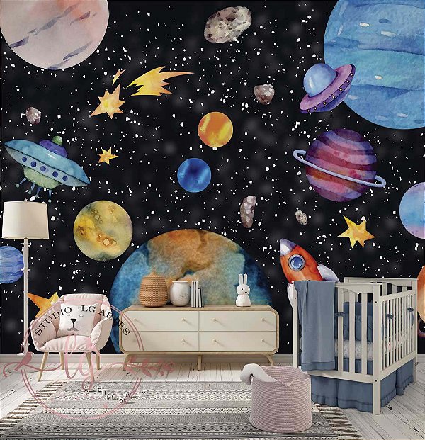 Papel de Parede Infantil Astronauta e Universo – Adesivo de Constelações, Planetas e Foguetes