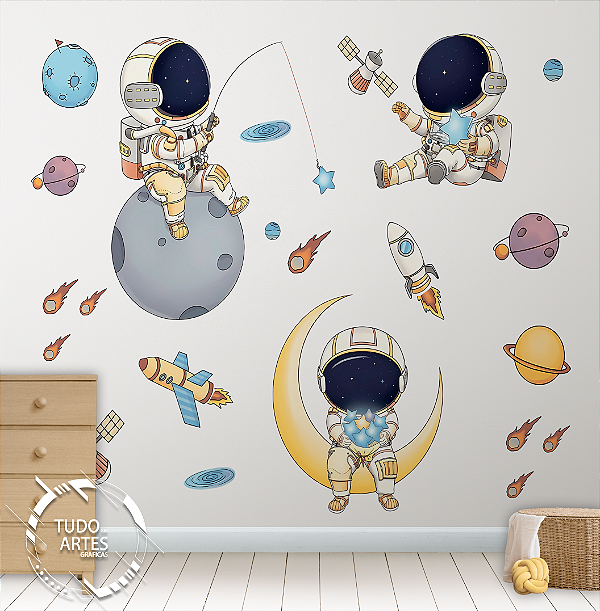 Papel de Parede Infantil Astronauta e Universo – Adesivo de Constelações, Planetas e Foguetes
