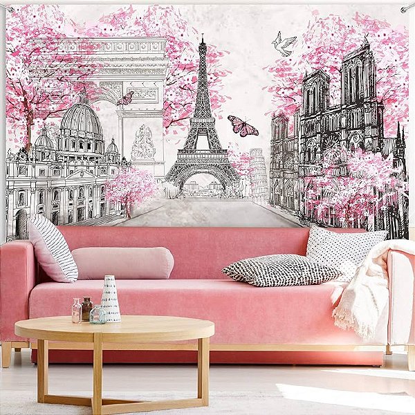 "Papel de Parede Adesivo Torre Eiffel com Árvores Rosas – Estilo Vintage Romântico para Sala ou Quarto Juvenil Menina
