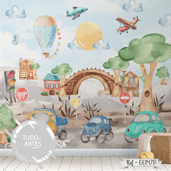 Papel de Parede Cidade em Aquarela com Carros – Autocolante Infantil para Quarto