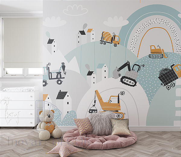 Papel de Parede Infantil Obra e Caminhões em Aquarela – Para Quarto de Menino