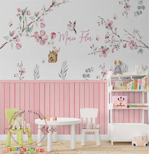 Papel de Parede Jardim Encantado com Ripado Adesivo Rosa – Adesivo Infantil Delicado, Aquarela Floral Com Nome