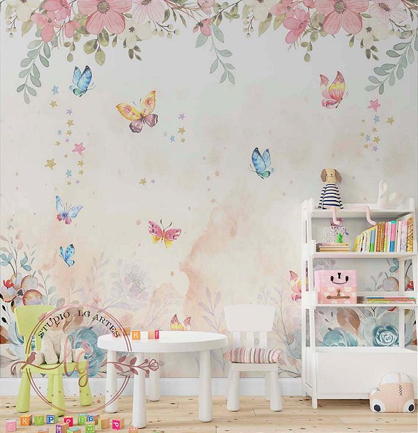 Papel de Parede Infantil Jardim Encantado com Borboletas Decoração Quarto Menina