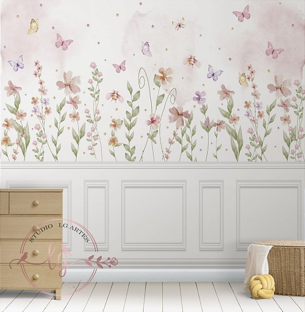 Papel de Parede Infantil Jardim Encantado Clean com Boiserie Adesivo Decoração Quarto Menina Luxuoso