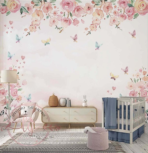 Papel de Parede Infantil Jardim Encantado Rosé – Flores Aquarela e Borboletas Delicadas, Autocolante Decoração Quarto Menina Luxuoso