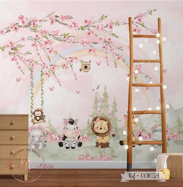 Papel de Parede Infantil Jardim Encantado Safari   – Borboletas Delicadas,animais baby  Autocolante Decoração Quarto Menina Luxuoso