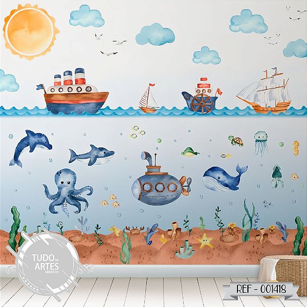 Papel de Parede Infantil Fundo do Mar - Decoração Quarto Infantil Auto Colante