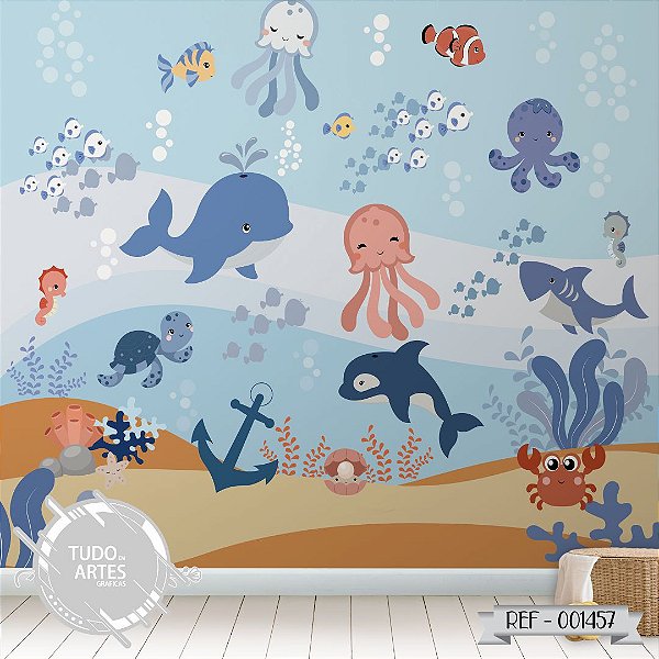 Papel de Parede Infantil Fundo do Mar Baleias Golfinhos Peixinhos Tubarão - Decoração Quarto Infantil Auto Colante