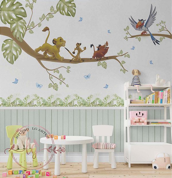 Papel de Parede Infantil  Rei Leão Tons Aquarela Ripado Adesivo- Decoração Quarto Infantil Auto Colante