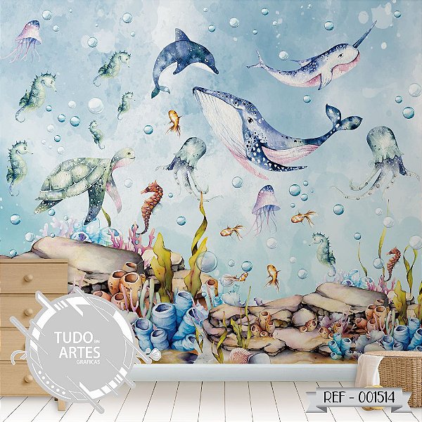 Papel de Parede Infantil  Fundo do Mar Tons Aquarela - Decoração Quarto Infantil Auto Colante