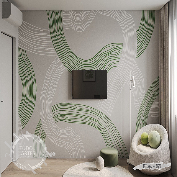 Papel de Parede Adesivo Moderno com Linhas Orgânicas – Estilo Abstrato Verde e Branco sobre Fundo Cinza Claro decoração sala e quarto