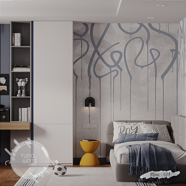 Papel de Parede Adesivo Urbano Moderno – Estilo Grafite Azul sobre Fundo de Cimento Queimado para Quarto Juvenil