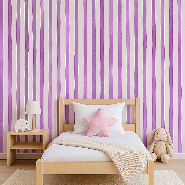 Papel de Parede Adesivo Infantil Listrado Rosa e Lilás – Modelo Delicado para Quarto de Menina