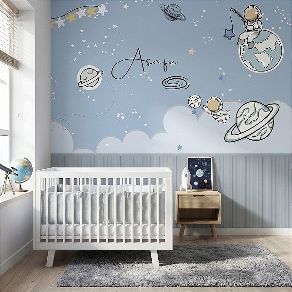 Papel de Parede Infantil Adesivo Astronauta Ripado azul Personalizado com Nome