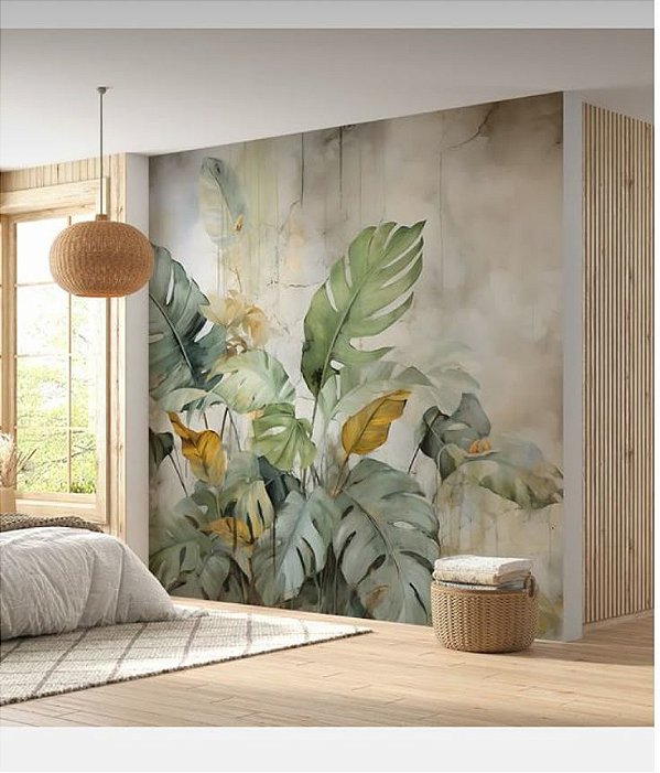 Papel de Parede l Adesivo Para Sala e Banheiro e Quarto Folhagem Marmorie Elegance cinza branco e verde