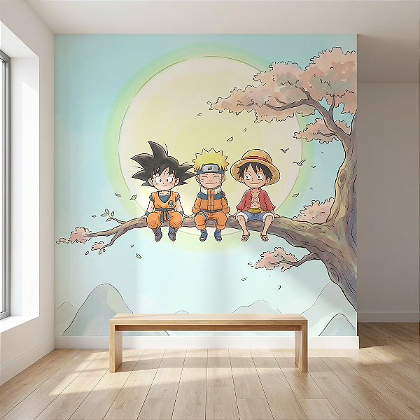 Papel de Parede Infantil Anime Goku Naruto e Luffy Tons Aquarela - Decoração Quarto Infantil Unissex Auto Colante