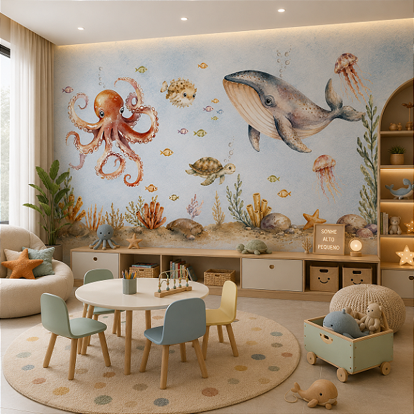 Papel de Parede Infantil Fundo do Mar Aquarela Baleia e Polvo Adesivo Personalizado