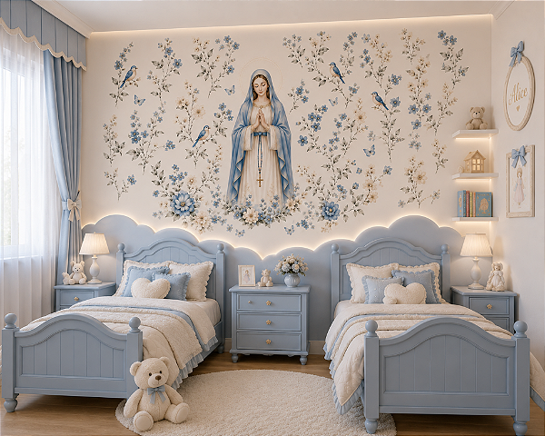 Papel de Parede Nossa Senhora das Graças Floral Azul Quarto Infantil Vinílico