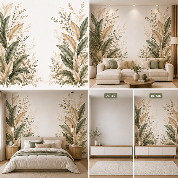 Papel de Parede Adesivo Folhagens Aquarela Verde Bege Sala Quarto Personalizado Sob Medida