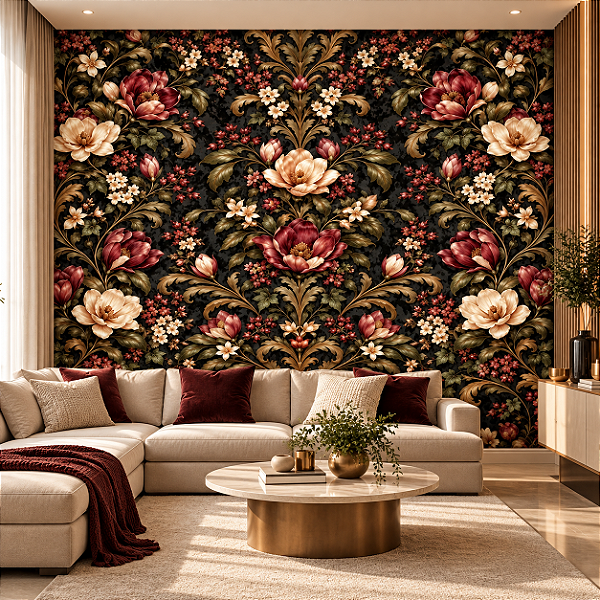 Papel de Parede Floral Barroco Vintage Fundo Preto Luxuoso Sala - Quarto - Lavabo