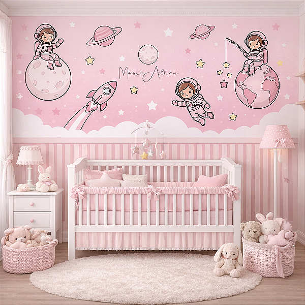 Papel De Parede Feminino Astronauta Com Ripado Adesivo Rosa