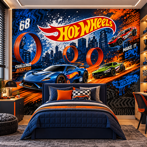 Papel de Parede Infantil Hot Wheels Carros de Corrida – Pista Radical 3D Azul e Laranja para Quarto Menino