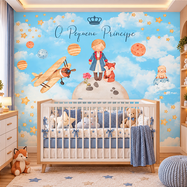 Papel de Parede Infantil Pequeno Príncipe Aquarela – Céu Azul, Estrelas, Planetas e Raposinha para Quarto de Bebê