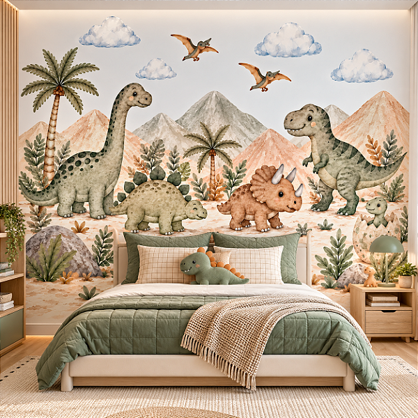 Papel de Parede Infantil Dinossauros Baby Aquarela Safari Jurássico Adesivo para Quarto de Bebê e Criança