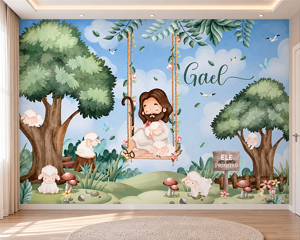 Papel de Parede Infantil Jesus Bom Pastor com Ovelhinhas no Balanço Aquarela Quarto de Bebê