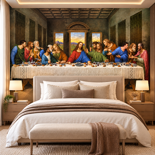 Papel de Parede Adesivo Santa Ceia de Jesus Cristo com os 12 Apóstolos Arte Religiosa para Sala Quarto e Igreja