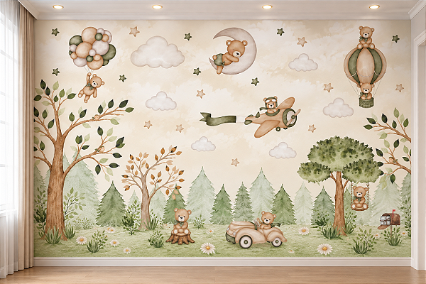 Papel de Parede Infantil Adesivo Ursinhos Aviadores Aquarela Floresta Encantada Balões Verde Sálvia Quarto de Bebê