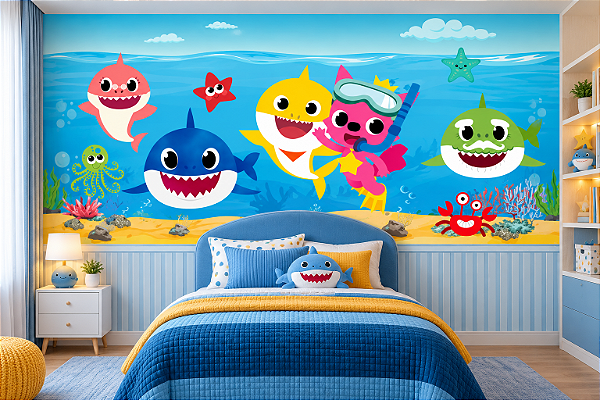 Papel de Parede Infantil Adesivo Baby Shark Tubarão Fundo do Mar com Boiserie Azul Quarto de Bebê e Criança