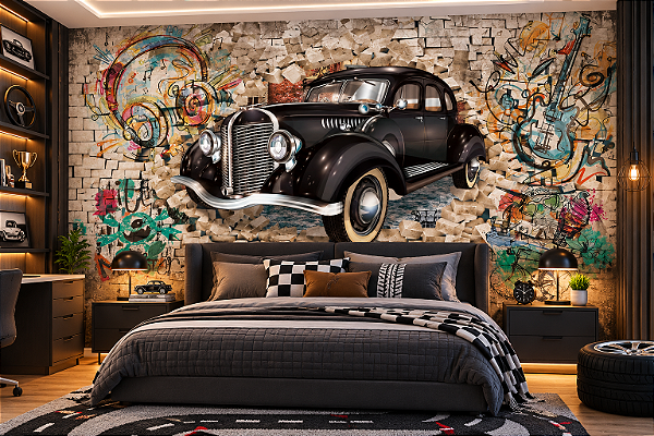 Papel de Parede Adesivo Carro Antigo Vintage Preto Efeito 3D Parede Quebrada Grafite Urbano Quarto Masculino Juvenil Gamer