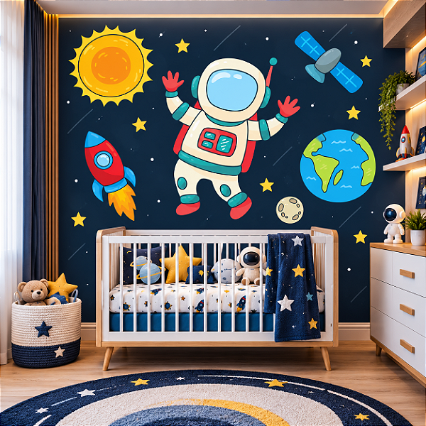 Papel de Parede Infantil Adesivo Astronauta no Espaço Foguete Planetas Estrelas Universo Azul Marinho Quarto de Bebê e Menino