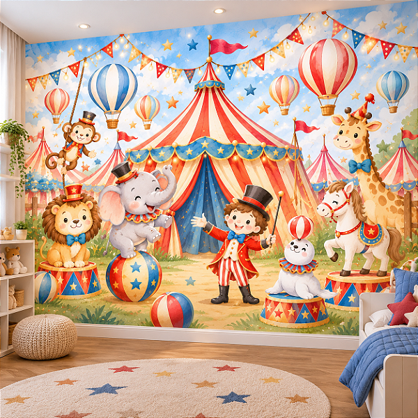 Papel de Parede Infantil Circo Encantado Aquarela com Animais Balões e Tenda para Quarto de Bebê