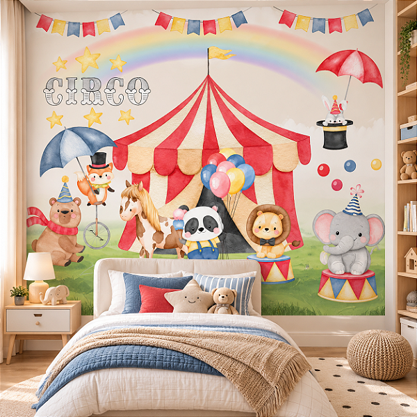 Papel de Parede Infantil Circo Encantado Aquarela com Animais, Tenda, Arco-Íris e Balões para Quarto de Bebê