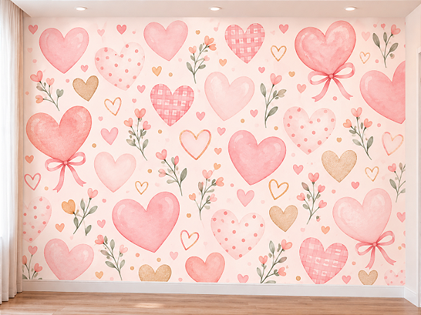 Papel de Parede Infantil Feminino Corações Rosa Aquarela com Laços e Flores Delicadas para Quarto de Menina e Bebê