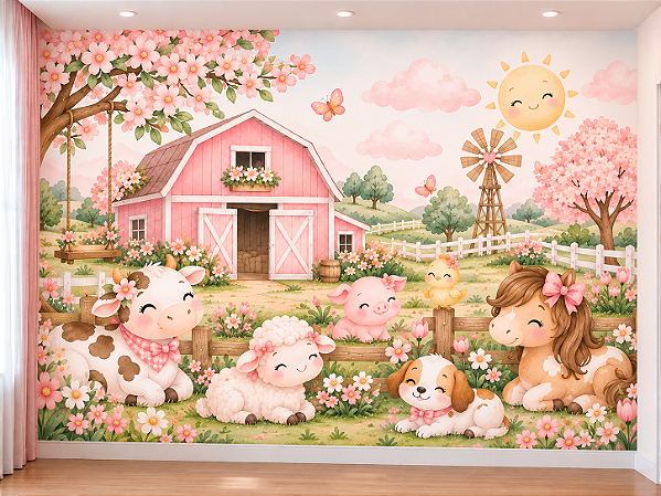 Papel de Parede Infantil Fazendinha Rosa Feminina Aquarela com Vaquinha, Cavalinho, Ovelha e Flores para Quarto de Bebê e Menina