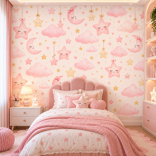 Papel de Parede Infantil Feminino Estrelinhas Rosa Aquarela com Lua, Nuvens e Corações para Quarto de Bebê e Menina