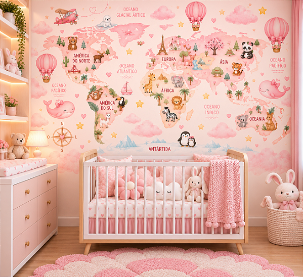 Papel de Parede Infantil Mapa Mundi Feminino Aquarela Rosa Delicado para Quarto de Menina Bebê Decoração Autoadesivo